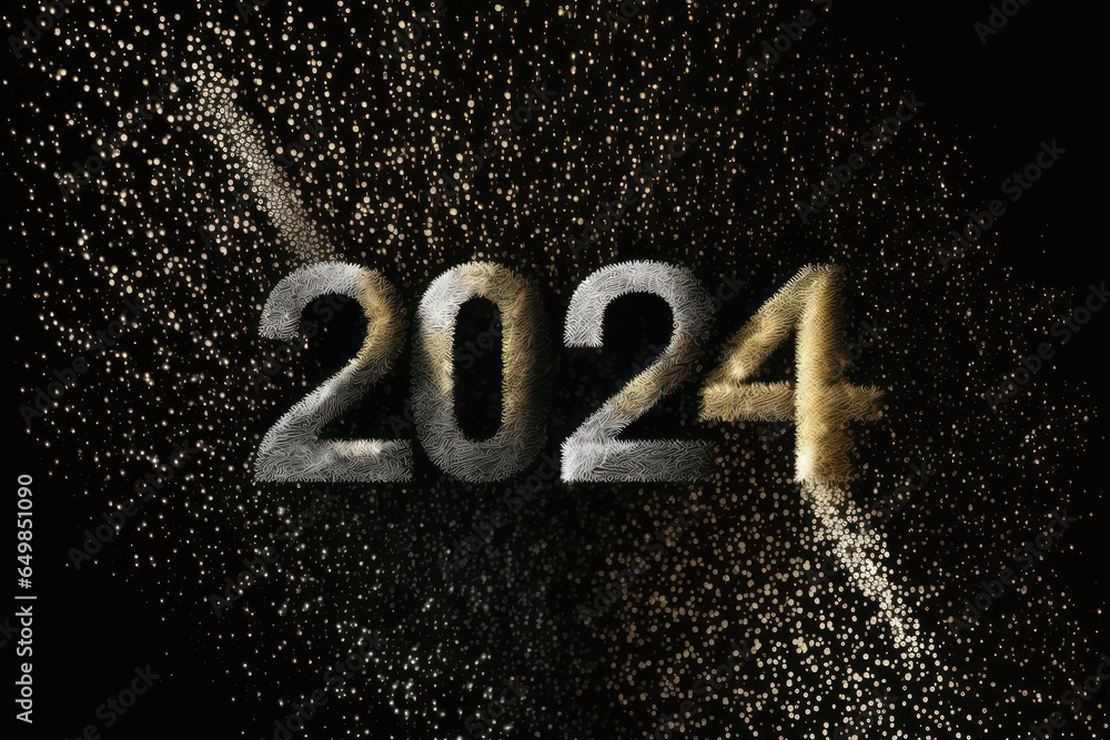 Wall mural happy new year 2024, greeting card, fire works, sparkles.