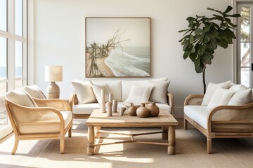 Stylish coastal living space with frame, chair, decor, and boho table. Generative AI