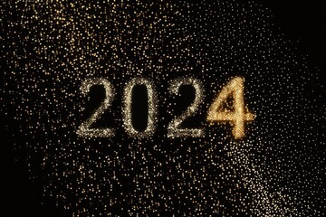 Happy New Year 2024, colorful greeting car,d fire works,  golden sparkle. Celebration concept. 