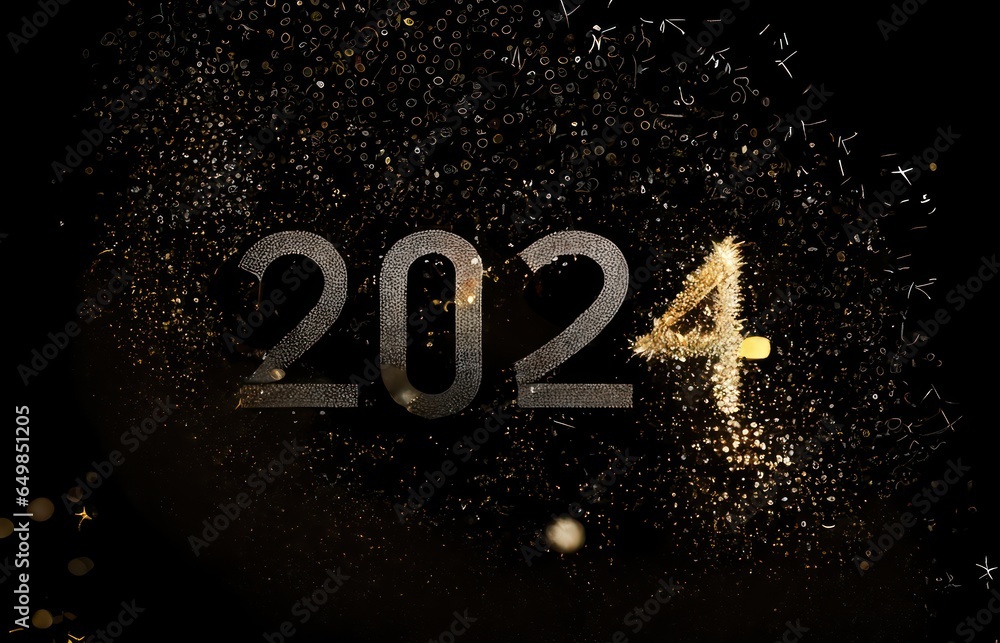 Wall mural happy new year 2024, greeting card, fire works, sparkles.