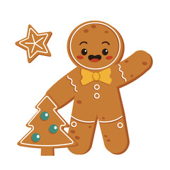 Cute gingerbread character with сhristmas tree. Merry Christmas. Vector graphic.