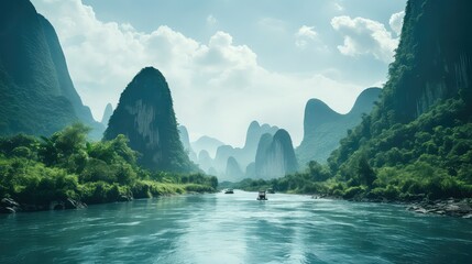 tourism mystical karst landscapes illustration mountains valley, outdoor view, light adventure tourism mystical karst landscapes