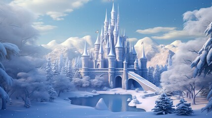 Fairy tale castle in the mountains made of ice, snow and ice, fantasy scene landscape
