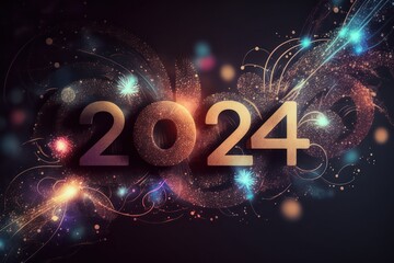 Happy New Year 2024, colorful greeting car,d fire works,  golden sparkle. Celebration concept. 