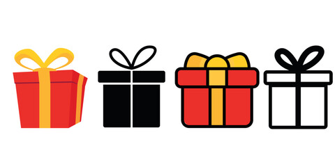 Set of gift box with ribbon. Box line icons. Surprising gift box. Present gift box icon. Christmas gift icon illustration. Surprise present icon. Vector illustration.