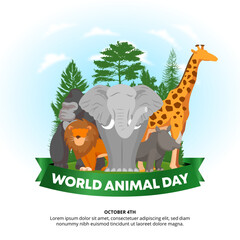 Square World Animal Day background with animals and trees