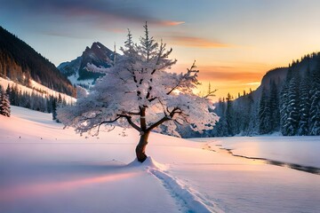 snow hut with snow falling and ground covered with snow , tress with snow drop 