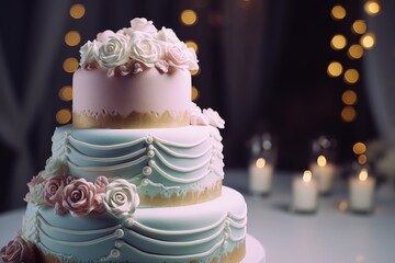 Detailed beautiful wedding cake with roses. Decorative icing flowers frosting. Celebration and romance, Generative AI