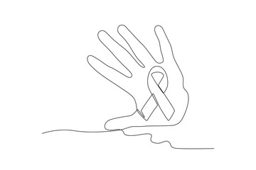 A hand shows a tape against violence. International day for the elimination of violence agains women one-line drawing