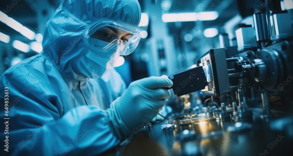 Poster engineer wearing gloves and a face mask in a cleanroom, assembling delicate electronic components.