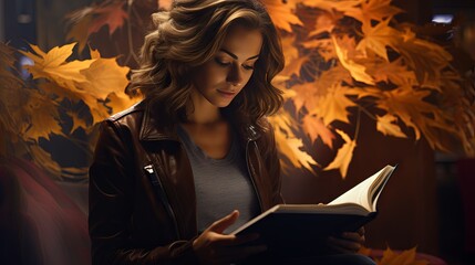Handsome woman reading a book with autumn leaves in the background. Made with Generative AI.