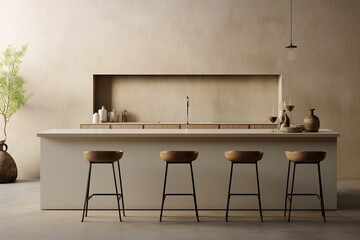 Neutral kitchen with bar, sink, utensils. Blank wall. Generative AI