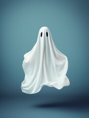 White ghost sheet costume flying against blue background