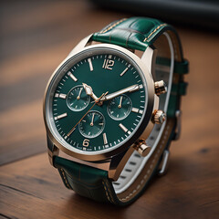 Fototapeta premium luxury watch with chronograph and leather strap on the table wood table generated by AI