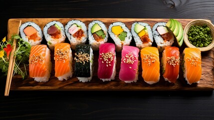 Colorful Selection of Sushi Rolls on Bamboo Tray - Japanese Cuisine