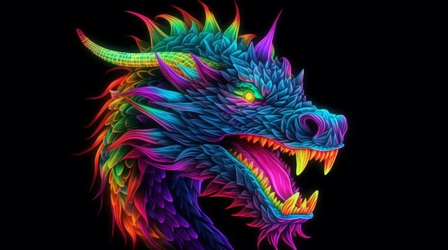 cartoon dragon neon colors black background.Generative AI