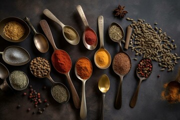 An assortment of spices on a table top with spoons next to them. Generative AI