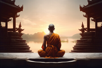 A traditional clothed religious monk is sitting an meditating with a concentrated in a  temple a spiritual place at sunset
