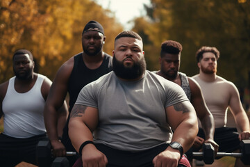 A group of mixed racial male people is exercising concentrated with dumbbells in a contest in a city beautiful park ;mixed obese and slim people - obrazy, fototapety, plakaty