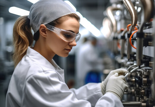 Female worker wearing white overalls is checking the oil level in a machine food production line.