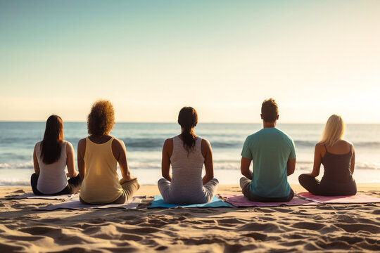 A group of young happy woman and man are meditating relaxed and mindfull with a yoga mat on a beautiful beach on a sunny day