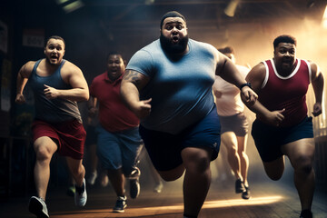 A group of mixed racial male people is running concentrated with running shoes in a contest in a beautiful gym ;mixed obese and slim people - obrazy, fototapety, plakaty