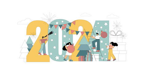 Happy New Year. Numbers 2024. People are preparing for the holiday. Little people are preparing for a party. Vector flat illustration on white background.