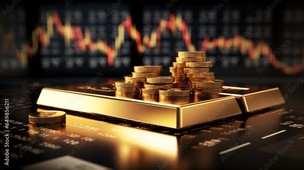 Aufkleber gold bar resting on a stocks and shares graph representing investment.