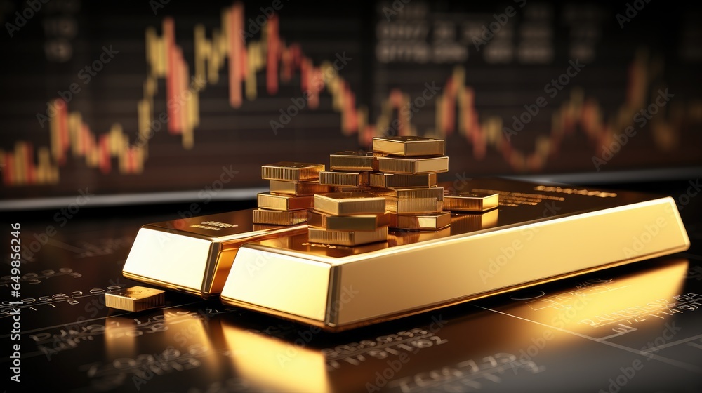 Poster gold bar resting on a stocks and shares graph representing investment.