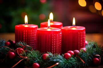 Obraz na płótnie Canvas Glowing Advent Candles In A Wreath Macro Photography