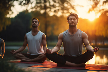 A group of young happy man is doing yoga exercises relaxed and mindfull with a yoga mat in a city beautiful park at sunset - obrazy, fototapety, plakaty
