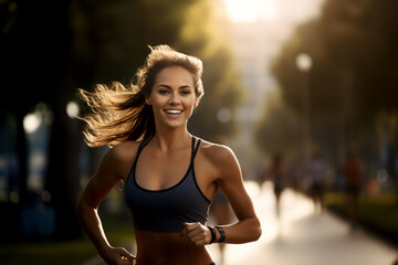 A beautiful strong Caucasian woman is running concentrated and smiling with dumbnells in a beautiful city park ; a fit sexy and slim person - obrazy, fototapety, plakaty