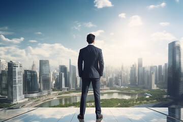 An asian entrepreneur or business man are standing seen from the back with a modern suit with sky-raisers in the beautiful background ; career concept and a business background on a sunny day - obrazy, fototapety, plakaty