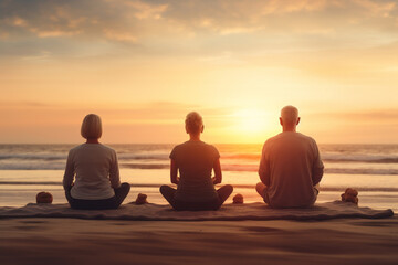 A group of senior happy woman and man are meditating relaxed and mindfull with a yoga mat on a beautiful beach at sunset - Powered by Adobe
