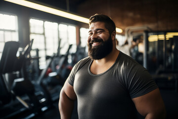 A beautiful strong and fit Latin man is exercising concentrated and smiling with dumbnells in a beautiful gym ;an obese young person - obrazy, fototapety, plakaty