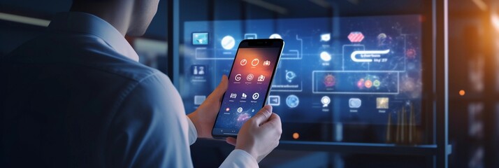 person holding a mobile phone with with technology in the background