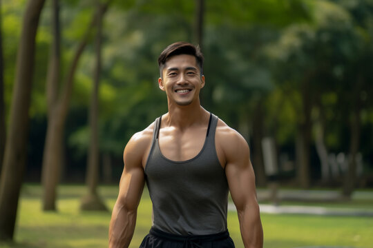 A beautiful strong and fit Asian man is exercising and smiling while posing for the camera in a city beautiful park ; a fit and sexy slim person