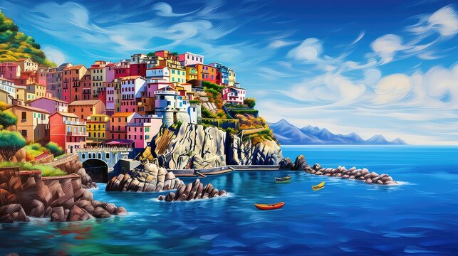 tourism italian coastal cinque illustration coast mediterranean, village summer, nature sea tourism italian coastal cinque