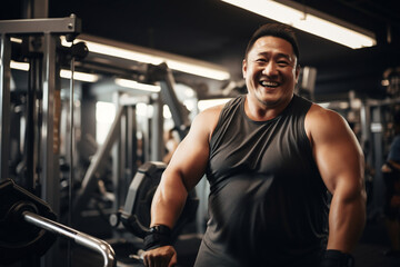 Fototapeta na wymiar A beautiful strong and fit Asian man is exercising concentrated and smiling with dumbnells in a beautiful gym ; an obese adult