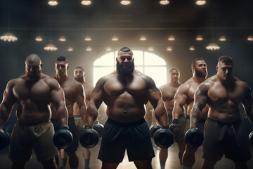 A group of mixed racial male people is exercising concentrated with dumbbells in a contest in a beautiful gym ;mixed obese and slim people - obrazy, fototapety, plakaty