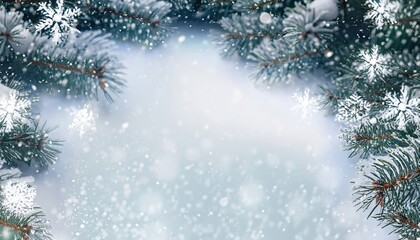 christmas background with christmas tree, Christmas banner background, Winter panoramic background with snow-covered fir branches and snowfall flakes