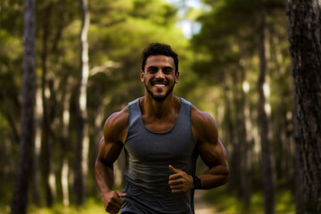 A beautiful strong and fit Latin man is running concentrated and smiling with running shoes in a beautiful forest ; a fit and sexy slim person