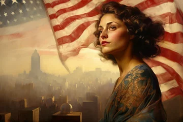Zelfklevend Fotobehang Inspired American woman look at city. 1920 year time. Generate Ai © juliars