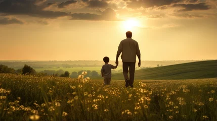 Fotobehang emotional moment of a father and son walking together in a vast open field. It's suitable for family-oriented publications, generational themes, and parenting materials. © pvl0707