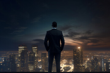 An african american entrepreneur or business man are standing seen from the front with a modern suit with sky-raisers in the beautiful background ; career concept and a business background at night - obrazy, fototapety, plakaty