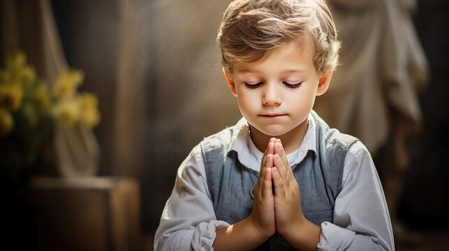 image that captures the profound and sacred moment of a boy's conversation with God. It's ideal for religious publications, spiritual content, and faith-based materials.