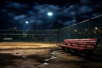A mysterious, hushed baseball field in darkness, with vacated bleachers under the night sky. Generative AI