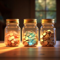 3 glass jars with lids, each filled with coins.