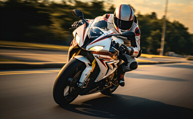 Racing motorbikes on city road.