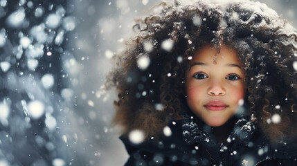 Portrait of cute smiling black little girl in snowfall, winter season